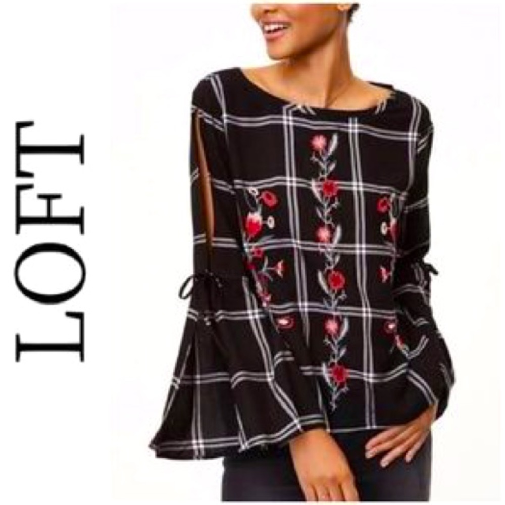 LOFT Top Embroidered Split Open Tied Bell Sleeves Floral Plaid Long Slee…